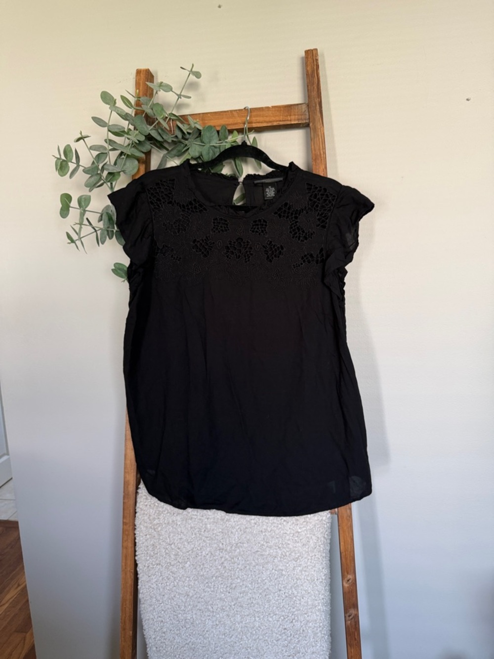Preswick & Moore Black Crochet Yoke Flutter Sleeve Top